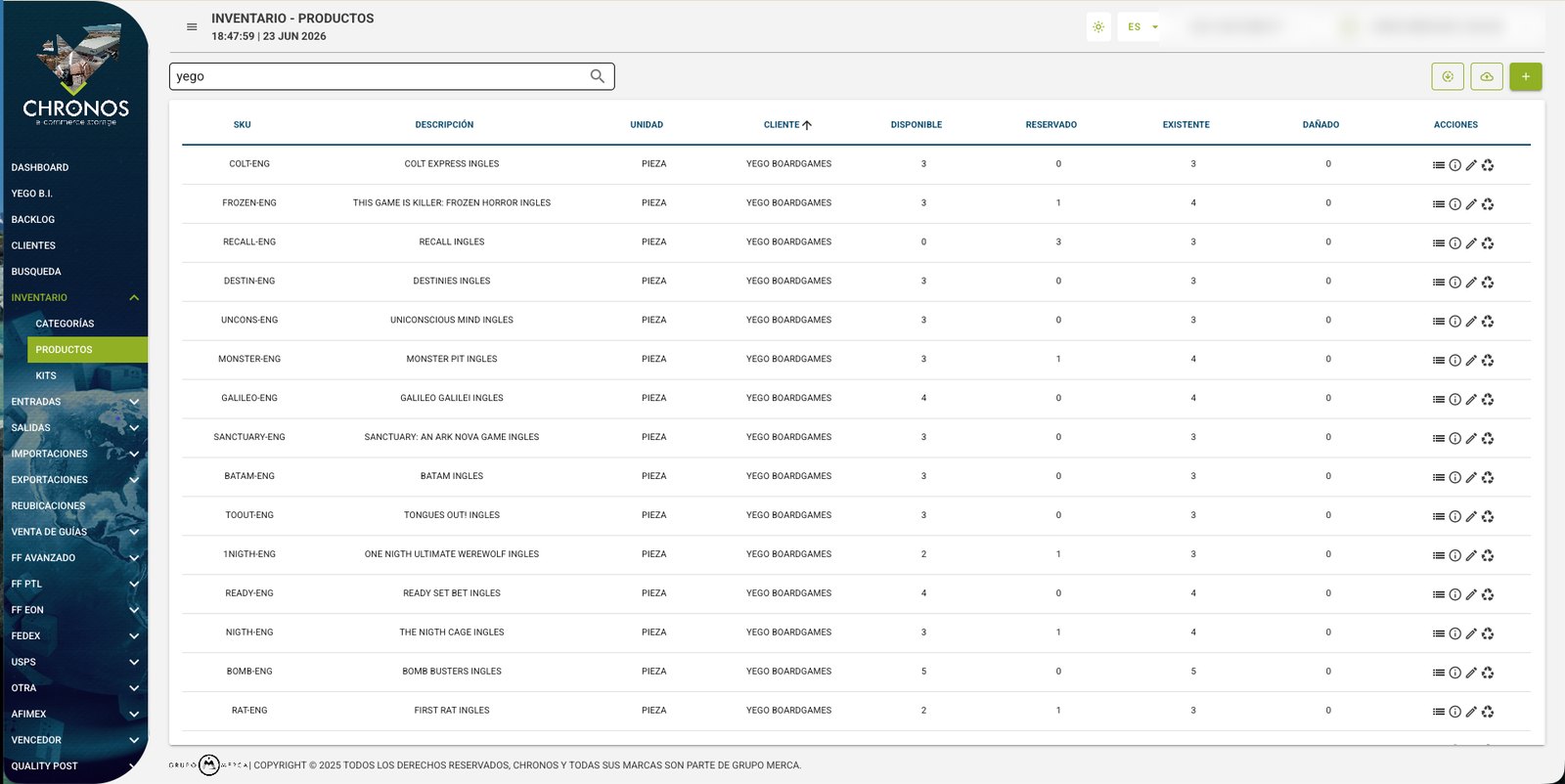 EON WMS inventory screen listing SKUs with available, reserved, on-hand, and damaged quantities
