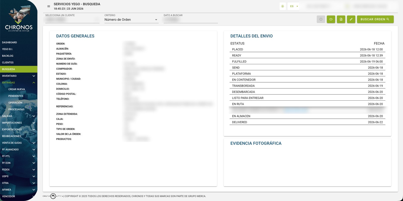 EON WMS order search showing the full status history of a shipment from placed to delivered
