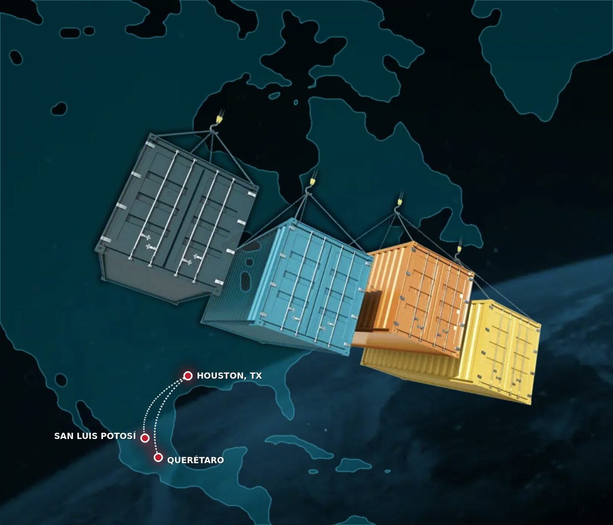 Shipping containers over a map of North America showing Chronos facilities in Houston, TX, San Luis Potosí and Querétaro, connected by trade routes